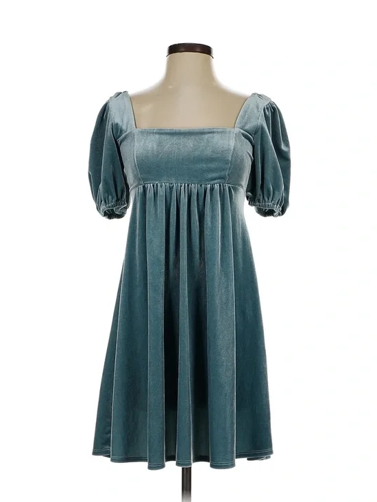 Teal Velvet Puff Sleeve Square Neck Dress - Picture 1 of 6